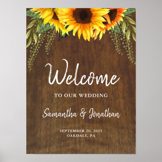Poster Mariage Bienvenue Fleurs de soleil en bois rustiqu (Devant)