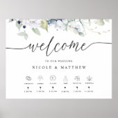 Poster Mariage Bienvenue, Timeline Blanc Bleu Floral Sign (Devant)