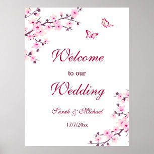 Poster Mariage blanc rose Fleurs de cerisiers