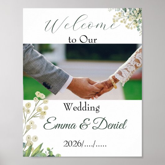 Poster Mariage Botanique Eucalyptus & Fleurs Blanches (Devant)