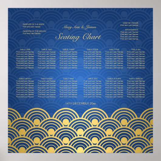 Poster Mariage - Carte de siège bleu à bascule Or (Devant)