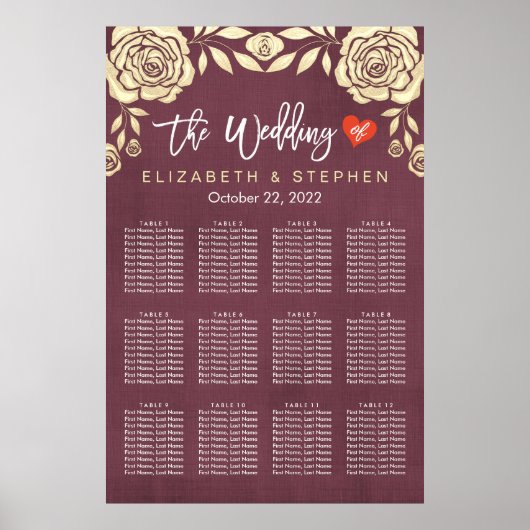 Poster Mariage Carte de siège Or Chic Roses Bourgogne Rou (Devant)