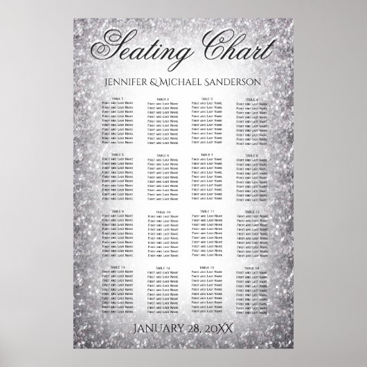 Poster Mariage Carte de siège Parties scintillant argent (Devant)