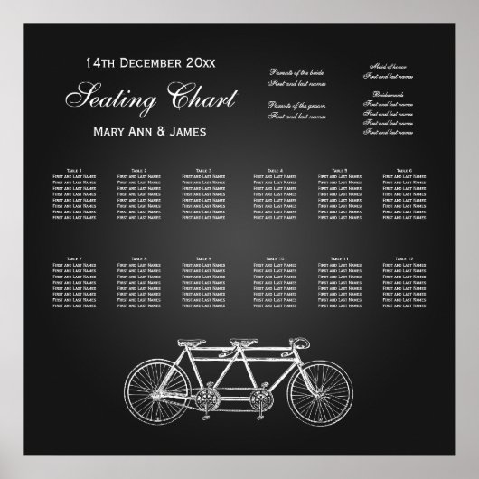 Poster Mariage Carte de siège Tandem Vélo noir (Devant)