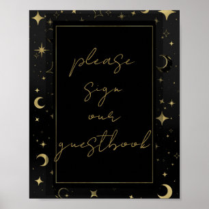 Poster Mariage Céleste Lune Étoiles Noir & Or