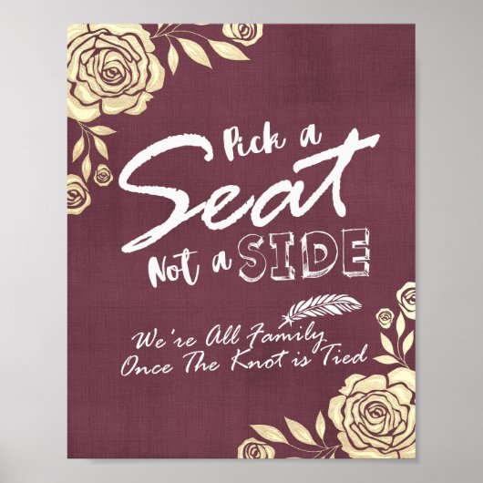 Poster Mariage Choisissez un siège pas un côté Roses doré (Devant)