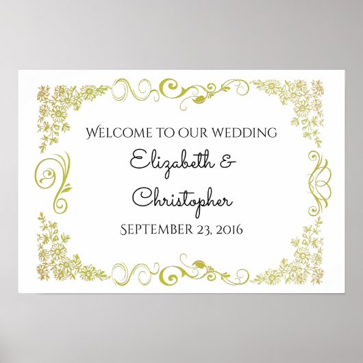 Poster Mariage D'Accueil Avec Design Floral Or (Devant)