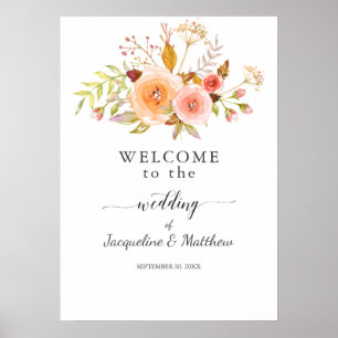 Poster Mariage d'accueil Blanc Floral Damas Aquarelle