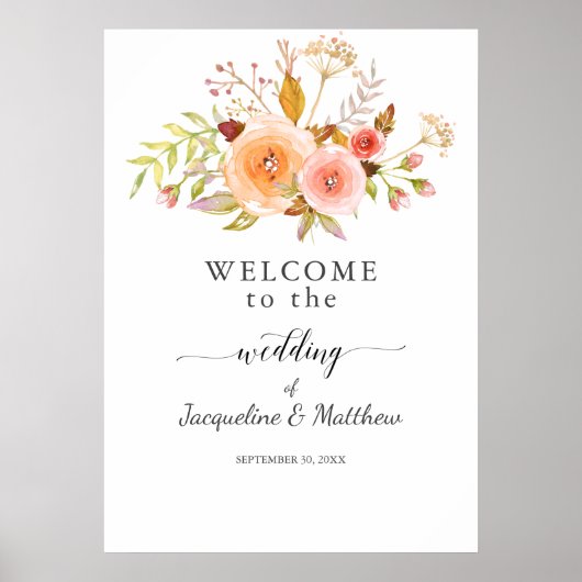 Poster Mariage d'accueil Blanc Floral Damas Aquarelle (Devant)