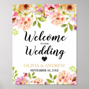 Poster Mariage d'accueil Orange rose Aquarelle Florale