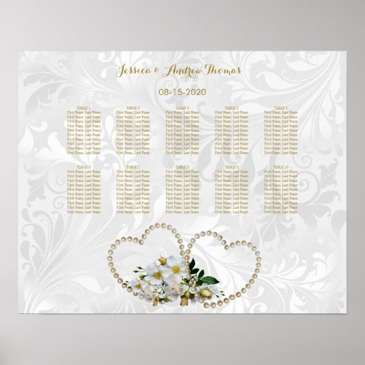 Poster Mariage Damassé Perles Cœurs & Fleurs (Devant)