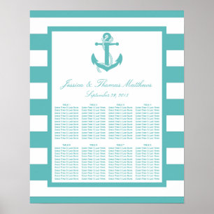 Poster Mariage d'Ancre en bande turquoise nautique