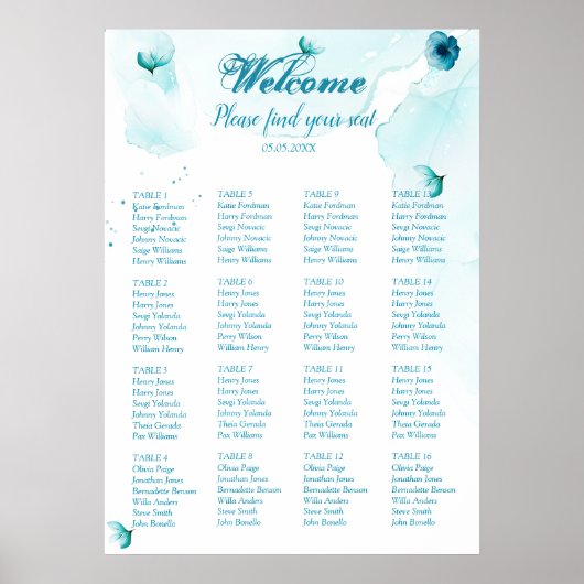 Poster Mariage d'aquarelle bleu floral (Devant)