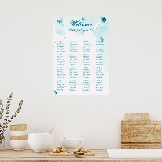 Poster Mariage d'aquarelle bleu floral (Cuisine)