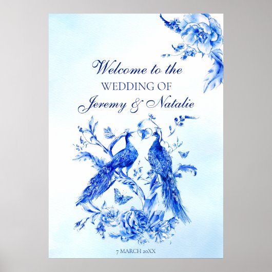 Poster Mariage d'aquarelle de paon bleu royal (Devant)