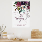 Poster Mariage d'aquarelle florale de Bourgogne Bienvenue (Cuisine)