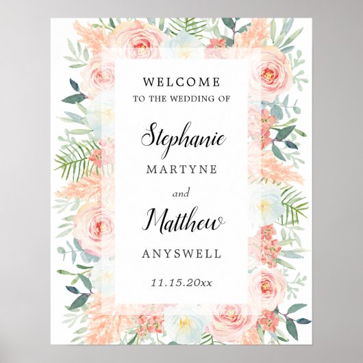 Poster Mariage d'aquarelle florale Rose Pampas moderne (Devant)