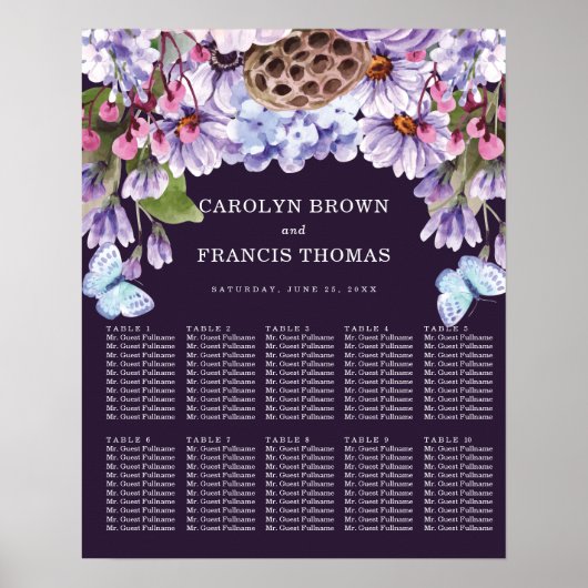 Poster Mariage d'aquarelle florale violet | Cartes de siè (Devant)