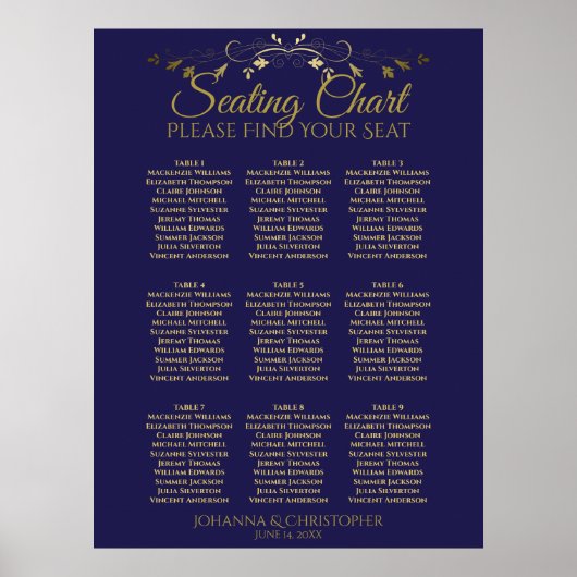 Poster Mariage de 9 tables simple Gold & Navy (Devant)