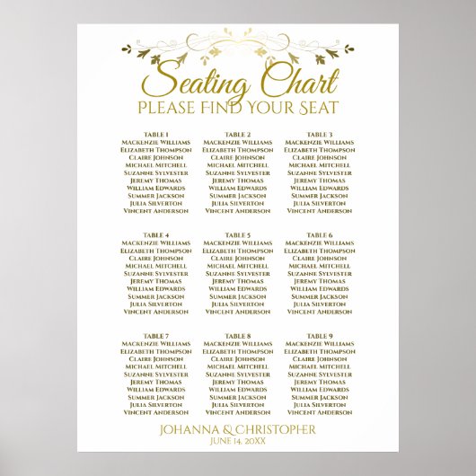 Poster Mariage de 9 tables simple Gold & White (Devant)