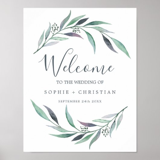 Poster Mariage de bienvenue à l'eucalyptus violet et vert (Devant)