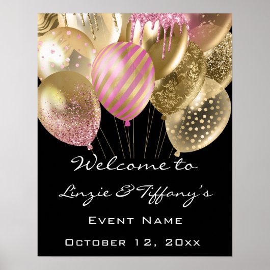 Poster Mariage de bienvenue Ballons d'or rose (Devant)