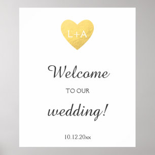 Poster Mariage de bienvenue, faux coeur d'or, initiales