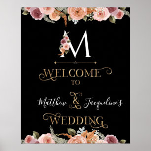 Poster Mariage de bienvenue Monogram Gold Floral Blush Bl