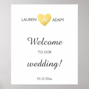 Poster Mariage de bienvenue signe faux coeur or, noms per