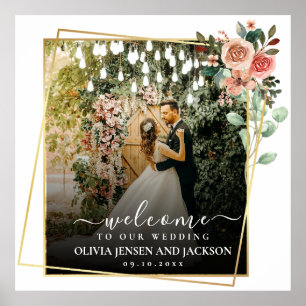 Poster Mariage de cadre doré rose fleuri de bienvenue