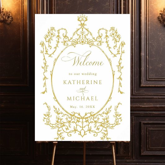 Poster Mariage de cadre Floral Victorien Or Bienvenue