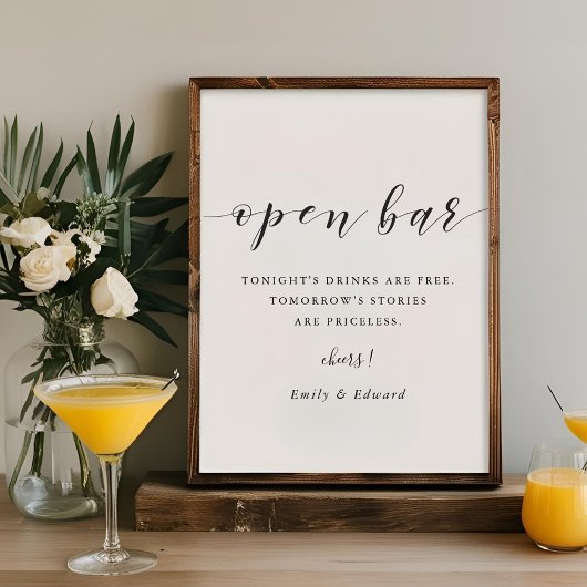 Poster Mariage de calligraphie moderne Open Bar Sign