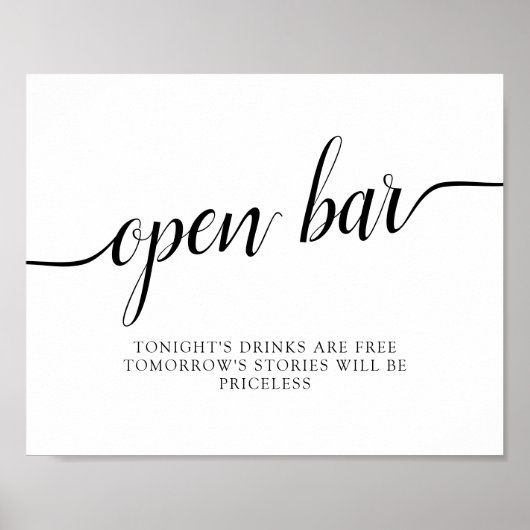 Poster Mariage de calligraphie noir et blanc "Open Bar" (Devant)