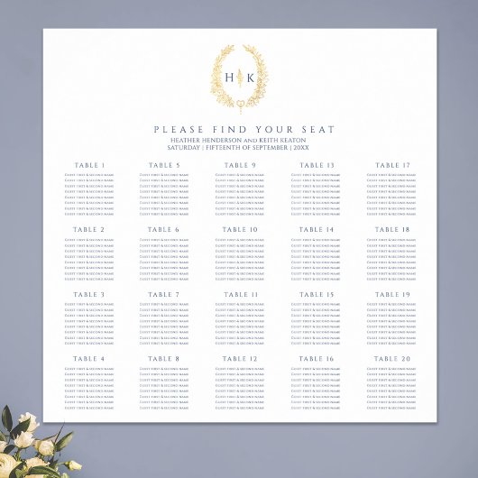 Poster Mariage de couronne ovale feuille d'or bleu foncé