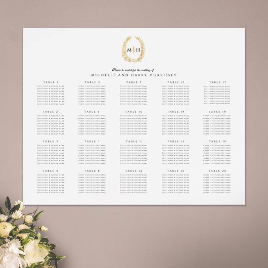 Poster Mariage de couronne ovale or 20 tables