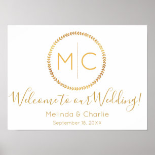 Poster Mariage de couronnes d'or rustique moderne Monogra