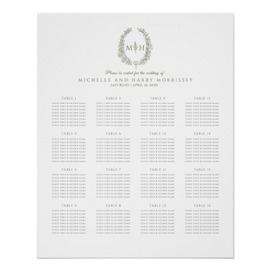 Poster Mariage de couronnes feuilles vertes 16 tables (Devant)