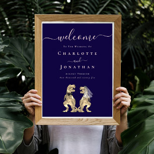 Poster Mariage de Dinosaures Bienvenue Bleu Nuit Rose Pâl