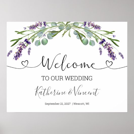 Poster Mariage de fleurs de lavande Eucalyptus Bienvenue (Devant)