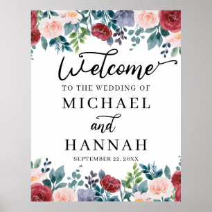 Poster Mariage de fleurs de maroon Blush Bienvenue