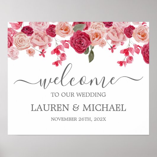 Poster Mariage de fleurs rose magenta Panneau de bienvenu (Devant)