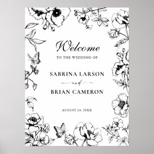 Poster Mariage de jardin floral noir et blanc élégant de