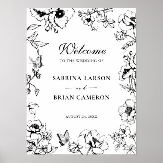 Poster Mariage de jardin floral noir et blanc élégant de