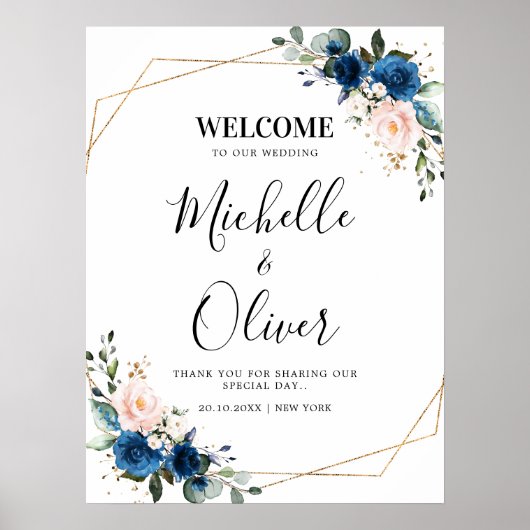Poster Mariage de la Marine Blue Blush Rose Florals Bienv (Devant)