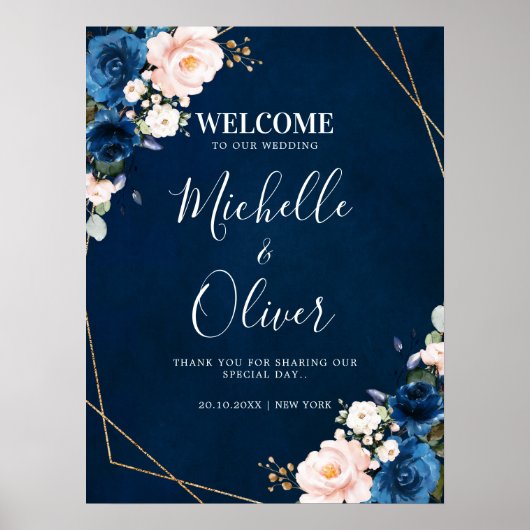 Poster Mariage de la Marine Blue Blush Rose Florals Bienv (Devant)