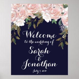 Poster Mariage de la marine signe de bienvenue fleurs ros