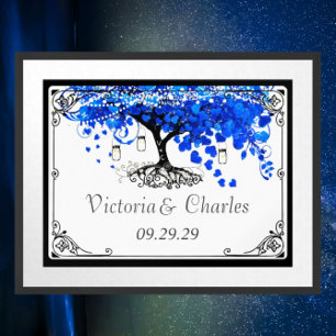 Poster Mariage de l'Arbre à Feuille en Forme de Cœur Bleu