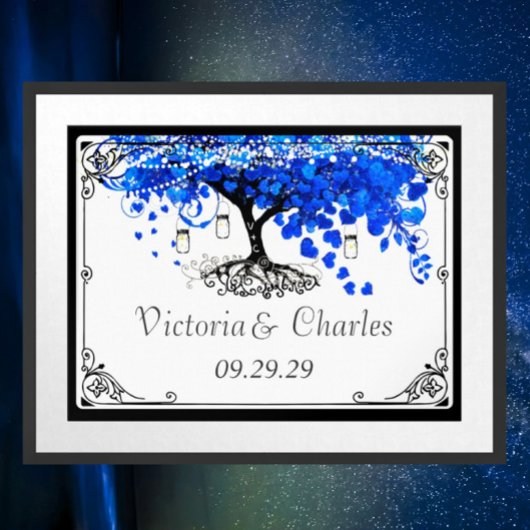Poster Mariage de l'Arbre à Feuille en Forme de Cœur Bleu