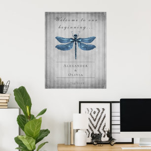 Poster Mariage de libellules à bijoux bleu Bienvenue