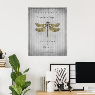 Poster Mariage de libellules à bijoux en or Bienvenue